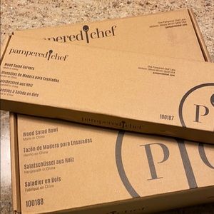 NIB Pampered Chef Wood Salad Bowl & Salad Servers